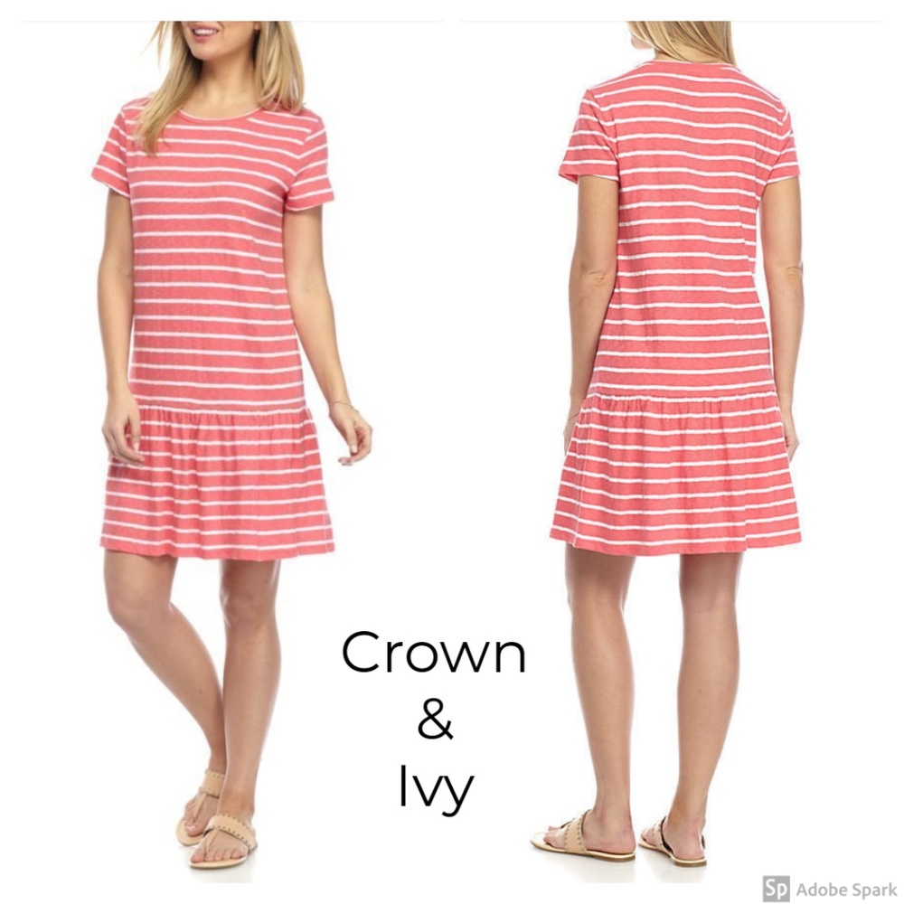 Crown & Ivy Coral Stripe Knit Drop Waist‎ Dress Small Short Sleeve Coastal Beach